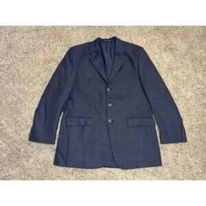 RALPH LAUREN Blazer Jacket Dark Blue Windowpane Plaid 100% Wool Sport Coat 42L